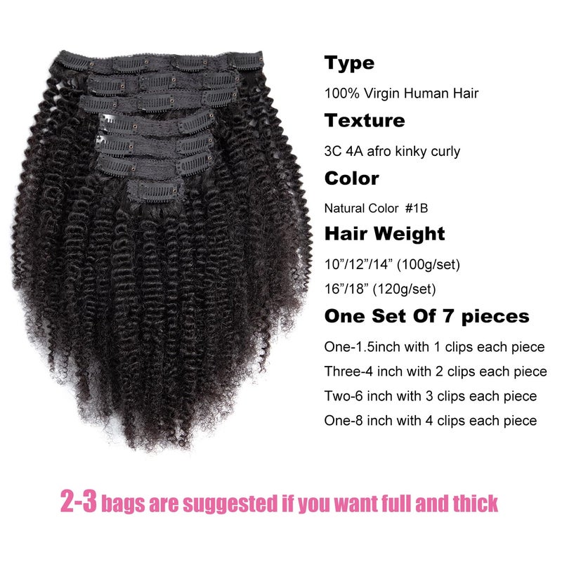 YOOONXI Kinky Curly Clip in Hair Extensions Real Human Hair 3C 4A Human Hair Clip in Extensions Double Weft Afro Kinky Curly Clip ins for Black Women Natural Color 7pcs 120g/Set 18Inch - Image 4